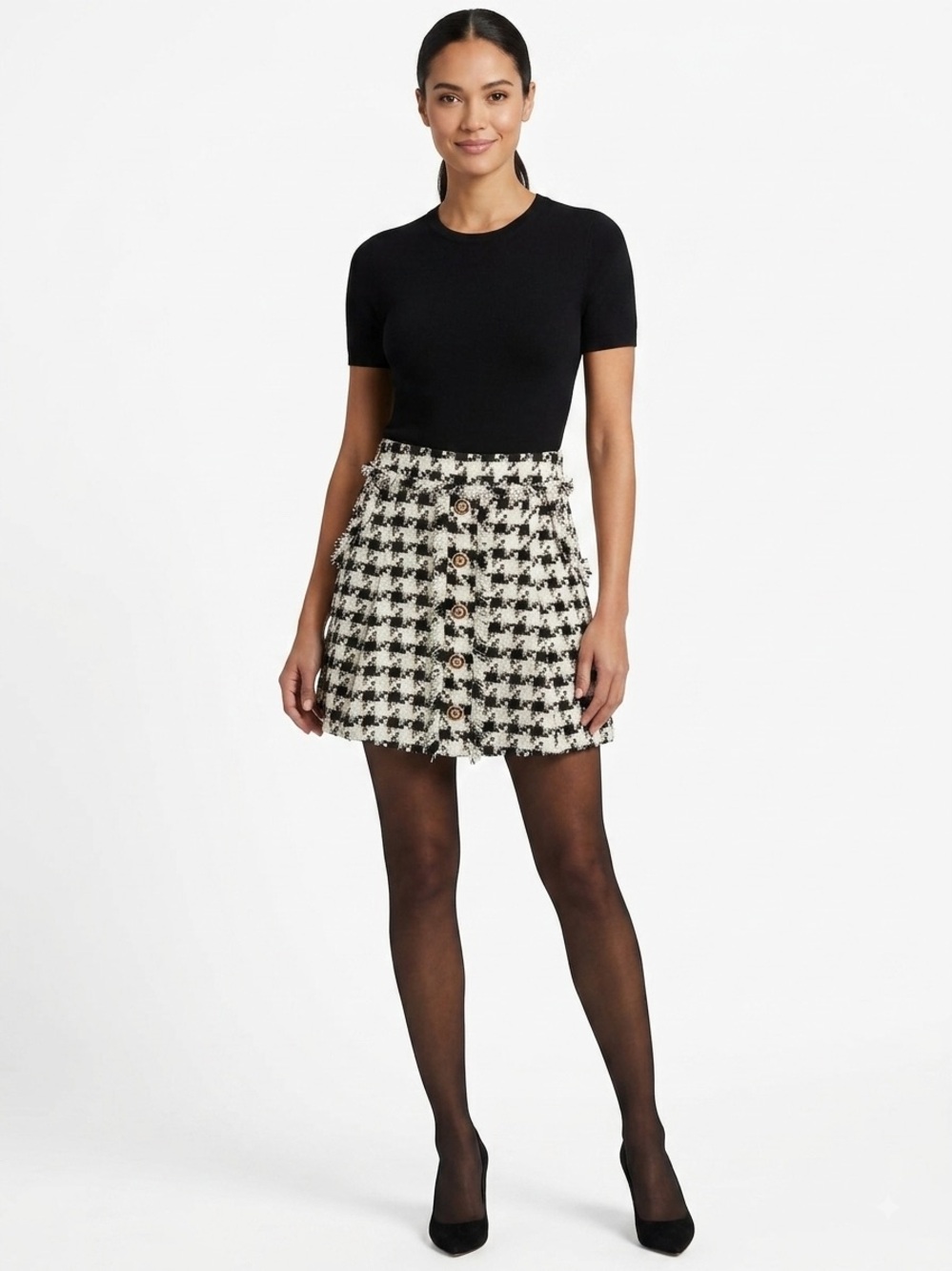 A Loves A Black Ivory Tweed Fringe Gold Button Mini Skirt M